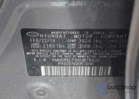 2019 Hyundai Elantra Sel z USA, uszkodzony, nr VIN KMHD84LF6KU878430